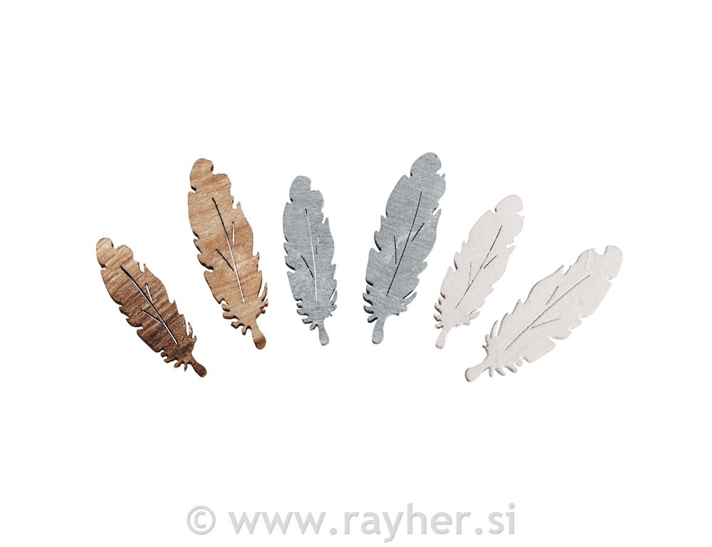Drveni ukrasi, perje, 3.5 + 3 cm, set 15