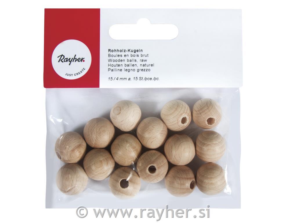 Drvene kuglice, prirodne, 15 mm o, rupa4 mm, 15 kom
