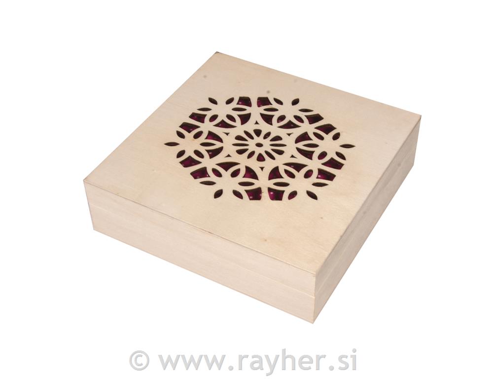 Drvena kutija za nakit s ukrasom, 14.5x14.5x4