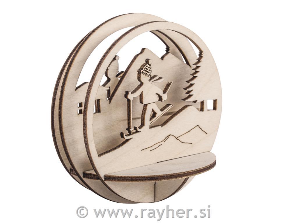 Drveni ukras 3D za kruglu 9,5cm Skijaš
