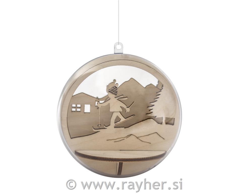 Drveni ukras 3D za kruglu 9,5cm Skijaš