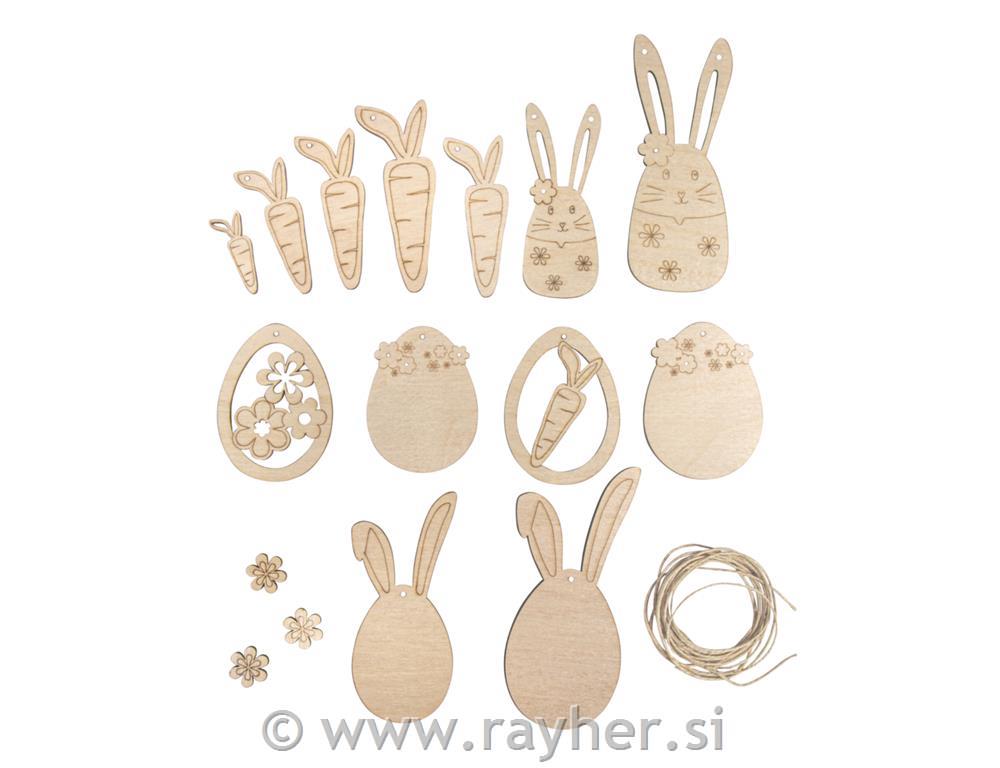 Leseni Velikonočni okraski, 1,8-11,8 cm, + vrvica