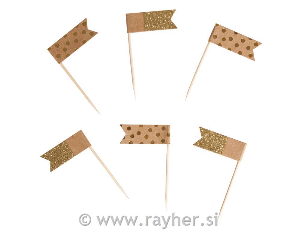 Zastave mini, zlatne, 6.5cm, Zastava: 4x1.5cm, 12 kom