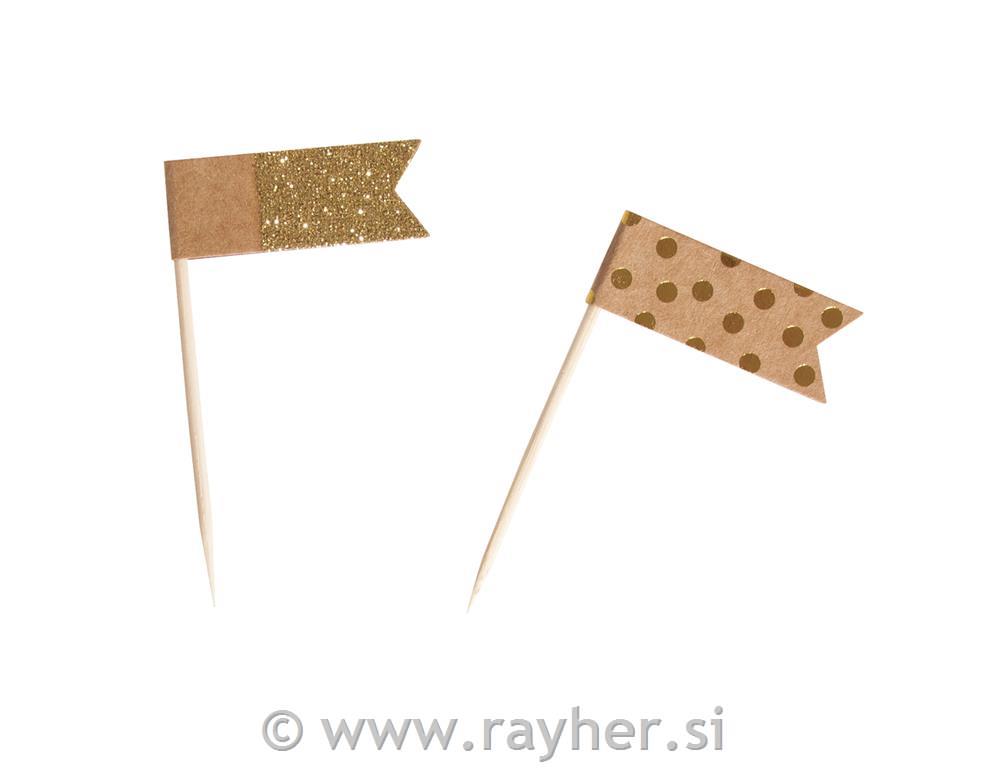 Zastave mini, zlatne, 6.5cm, Zastava: 4x1.5cm, 12 kom