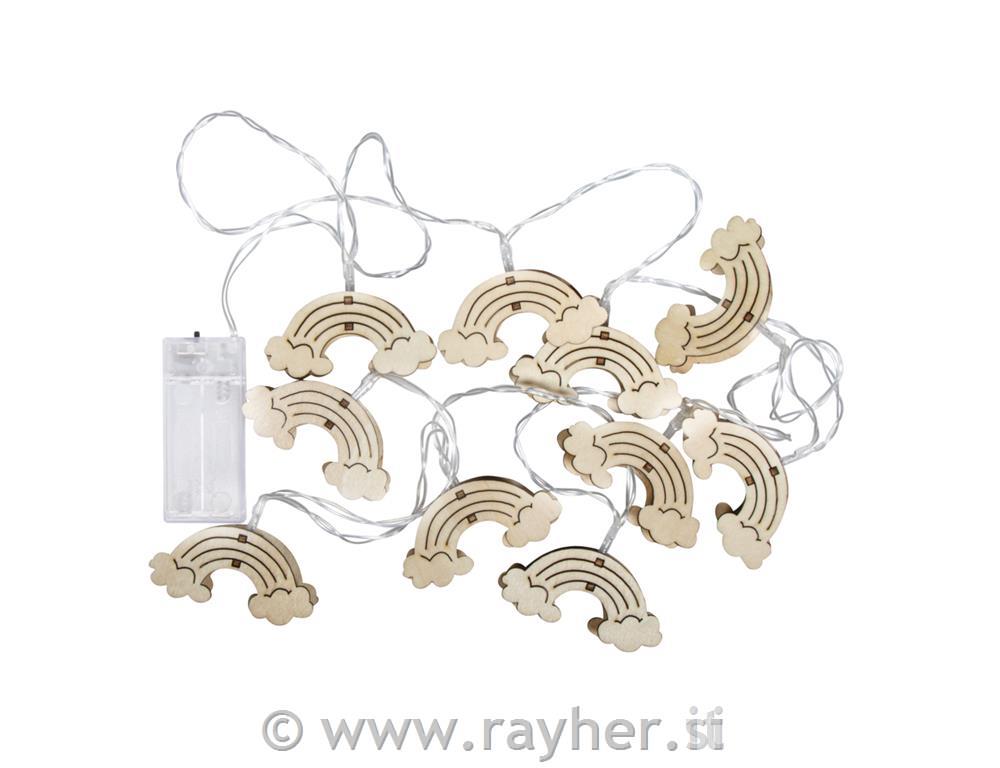 LED string of lights w.wood rainbow175cm, 10 LED lights, battery w.timeryellow light