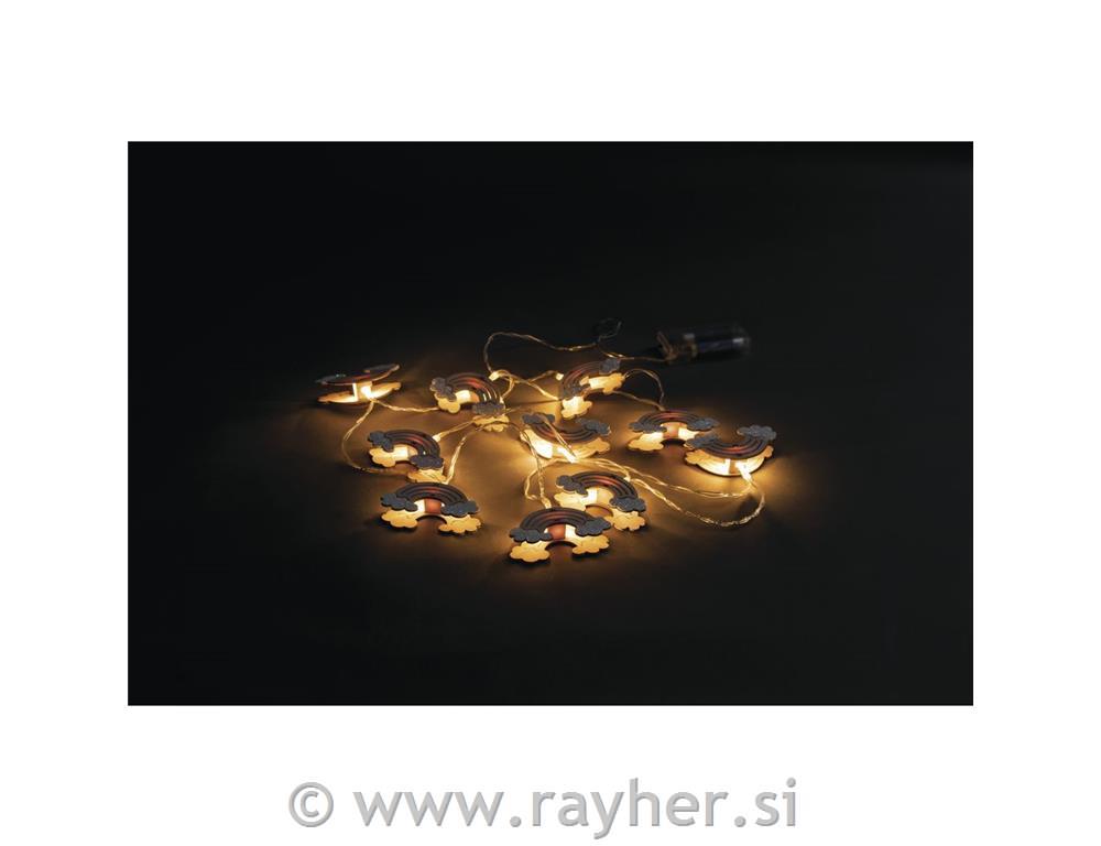 LED string of lights w.wood rainbow175cm, 10 LED lights, battery w.timeryellow light