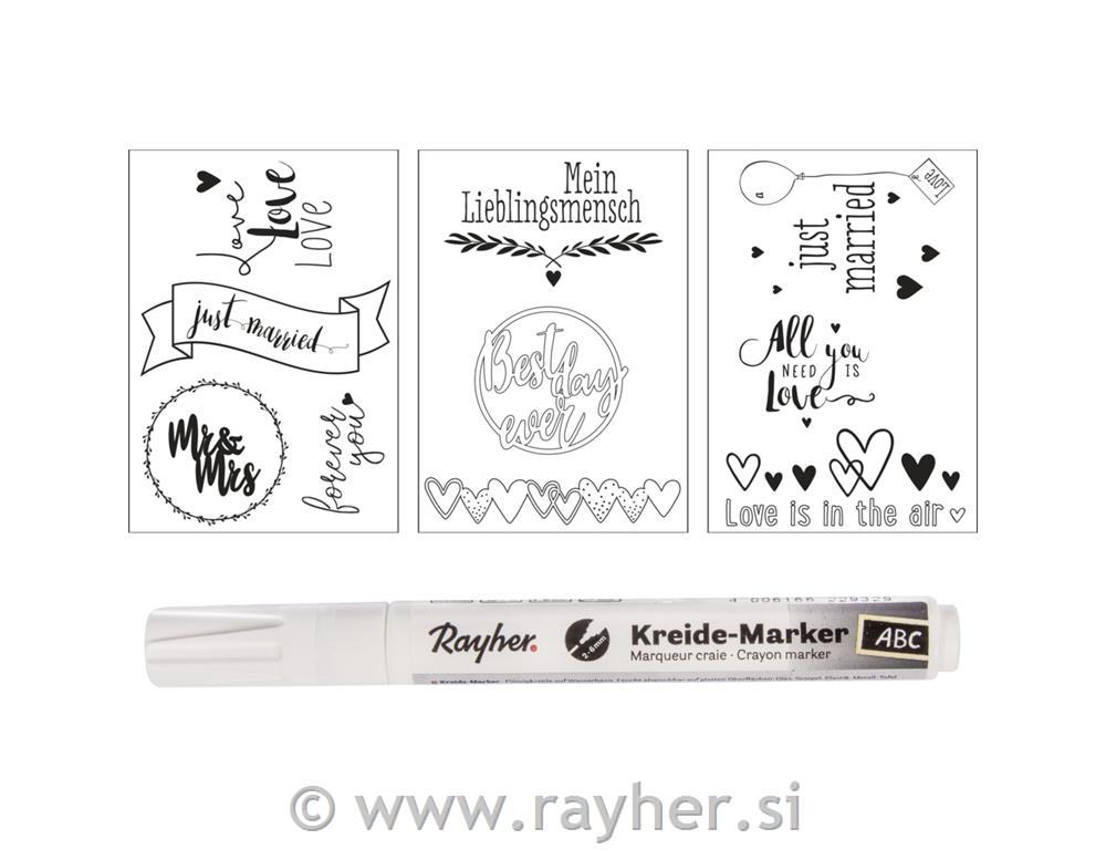 Set 3 šablona za prozor i marker s tekućWedding&Love
