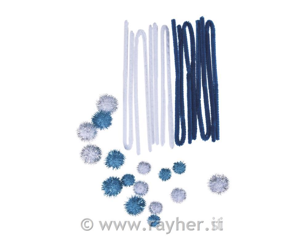 Metalic pom-pom + chenille wire, blue-wh