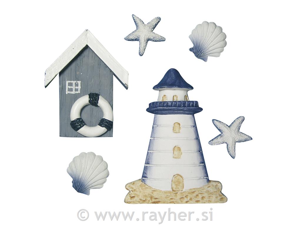 Okraski morski: Hiša/Svetilnik na morju, 2-8 cm, 6 kom.