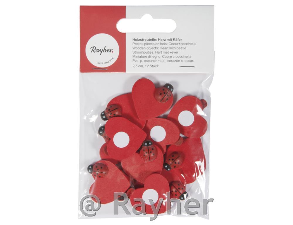 Leseni okraski: srčki s pikapolonicami, 2,5 cm, 12 kom.