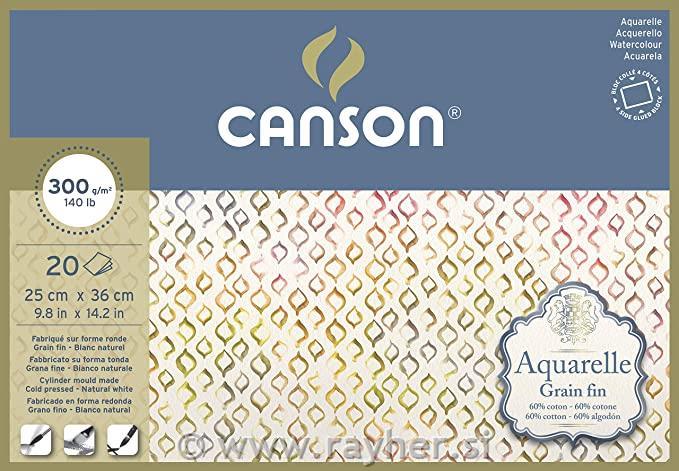 Blok akvarelni Aquarelle Canson 25x36 cm 300 g, 20 listni, Cold Pressed