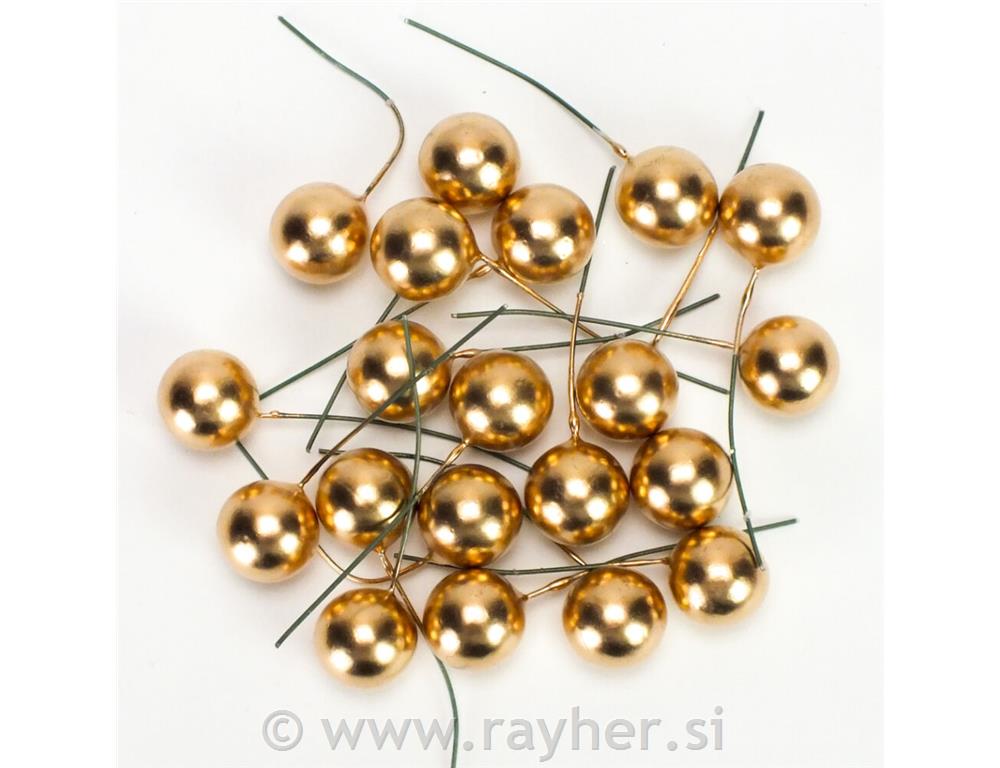 Bobice na žici, zlatne, 2cm, set 20