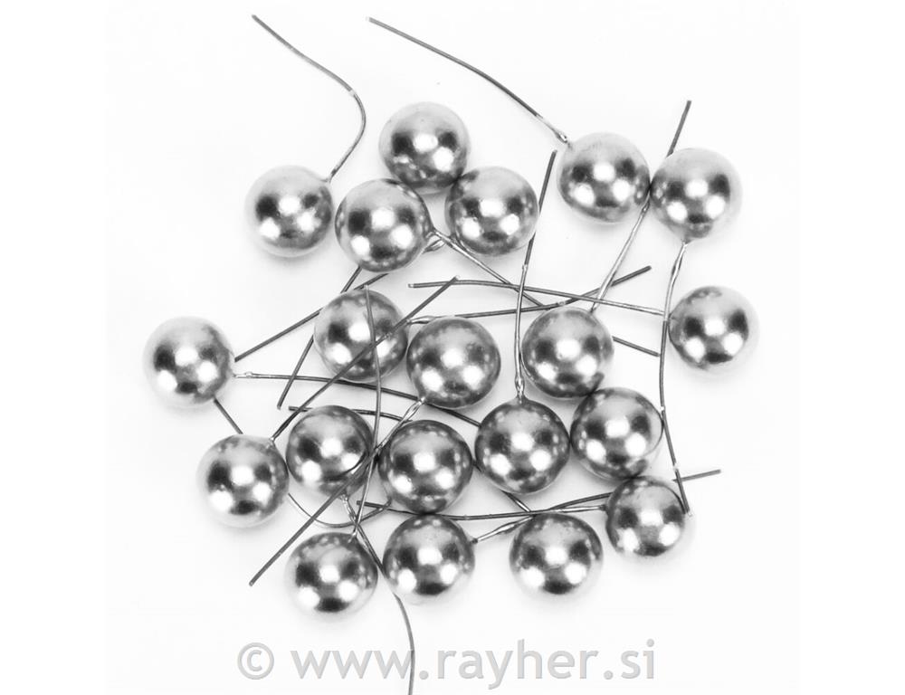 Bobice na žici, srebrne, 2cm, set 20
