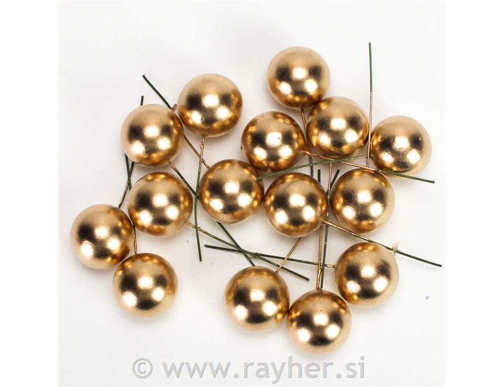 Bobice na žici, zlatne, 3cm, set 15