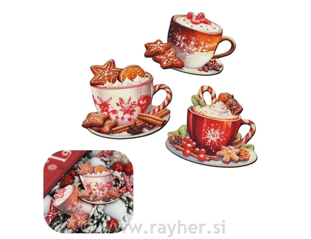 Drveni ukras Šalice s kakaom, set 3