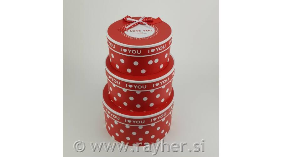Darilna Škatla okrogla, rdeča s pikami, I LOVE YOU, M, 24cm, 1 kos