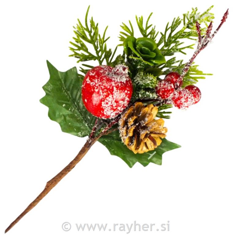 Zasnežena vejica s storžem in jabolkom, 24cm