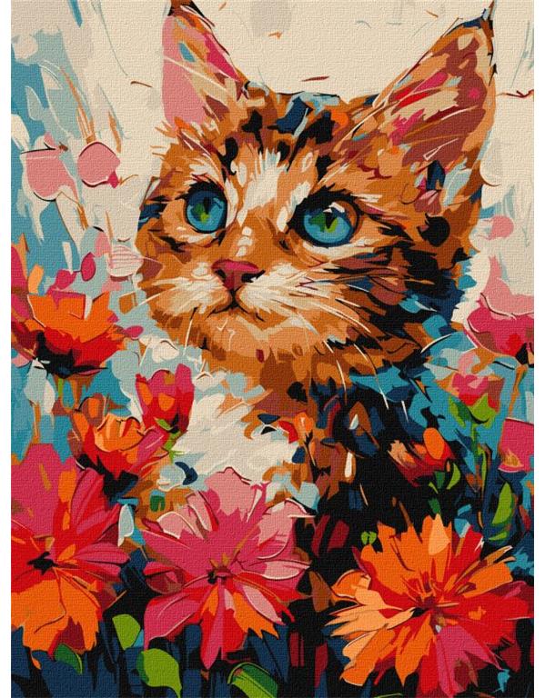Slikanje po brojevima, A kitty in flowers, 30x40 cm