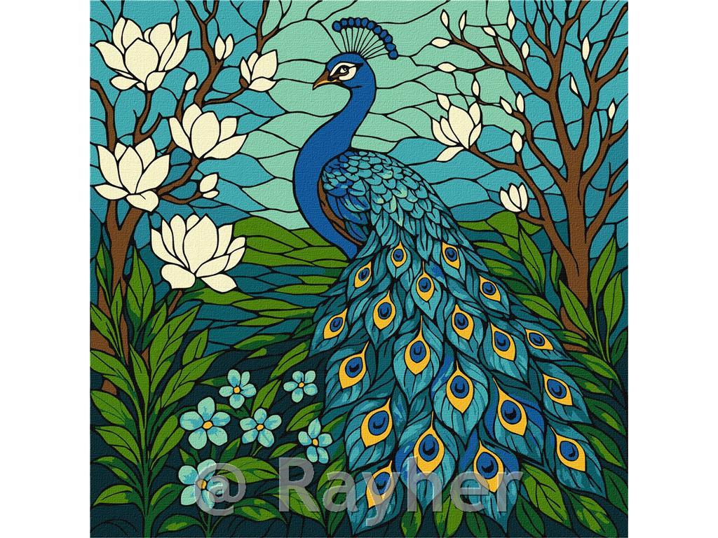 Slikanje po brojevima, Stained glass window Peacock in Magnolia, 30x30 cm