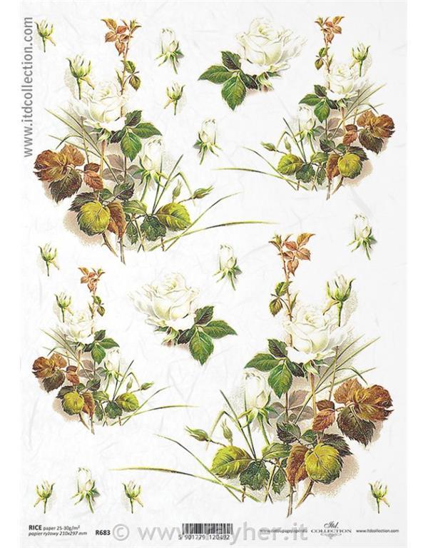 DECOUPAGE PAPIR RIŽIN A4, RUŽE BIJELE