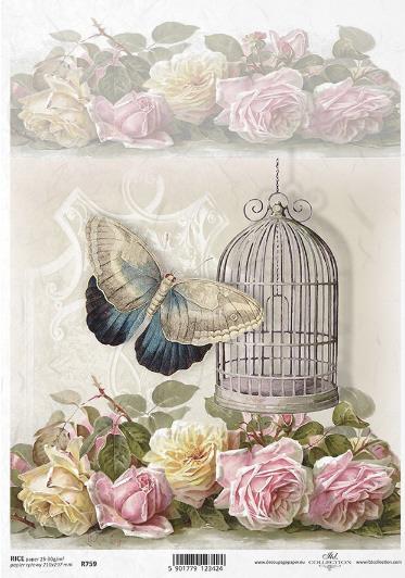 DECOUPAGE PAPIR RIŽIN A4, LEPTIR&KRLETKA