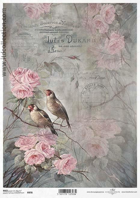 DECOUPAGE PAPIR RIŽIN A4, PTIČICA&RUŽA