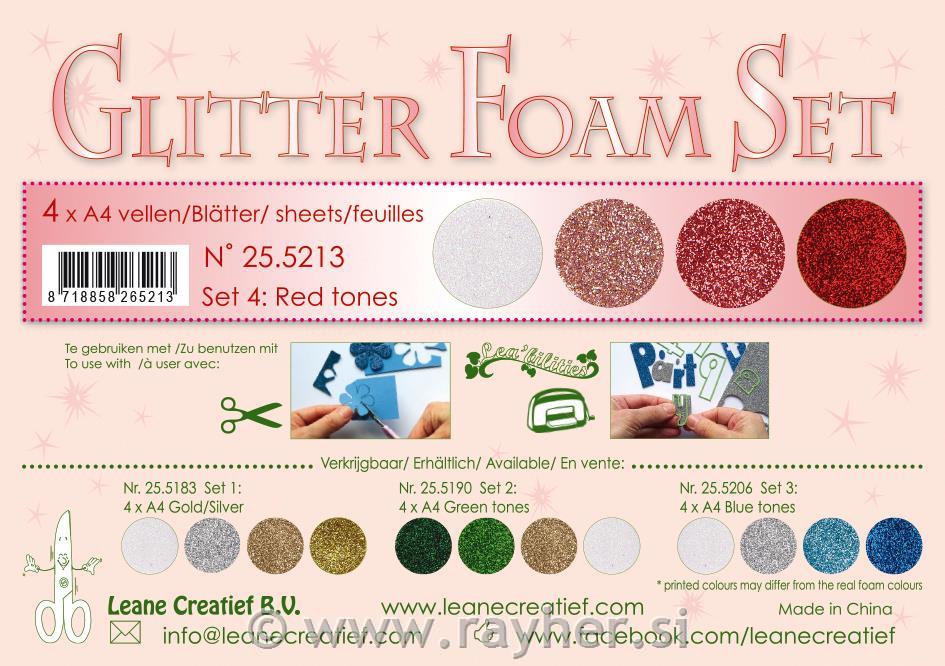 Glitter foam assortment, Set 4, 4 sheetsA4 0.8mm. red colours