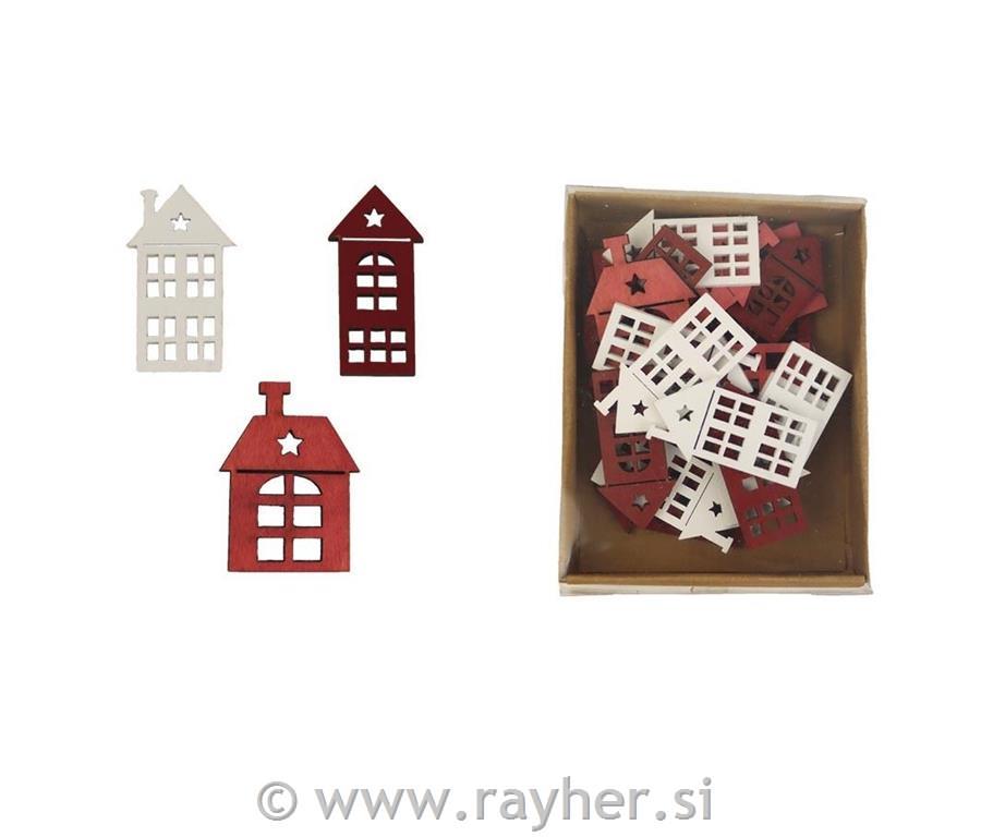 Leseni okraski, Hiške, bele-rdeče, set 24