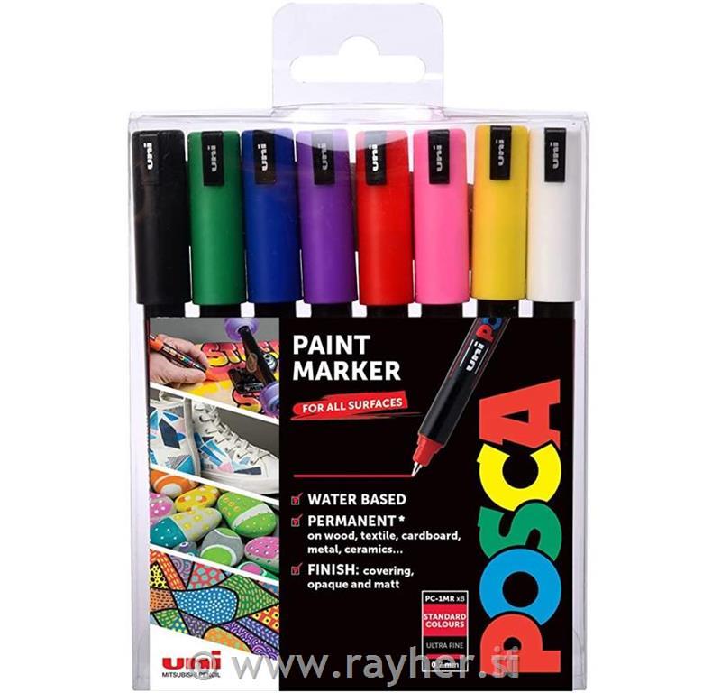 Uni POSCA markeri 1MR Basic set 8;vrh 0,7 mm metal