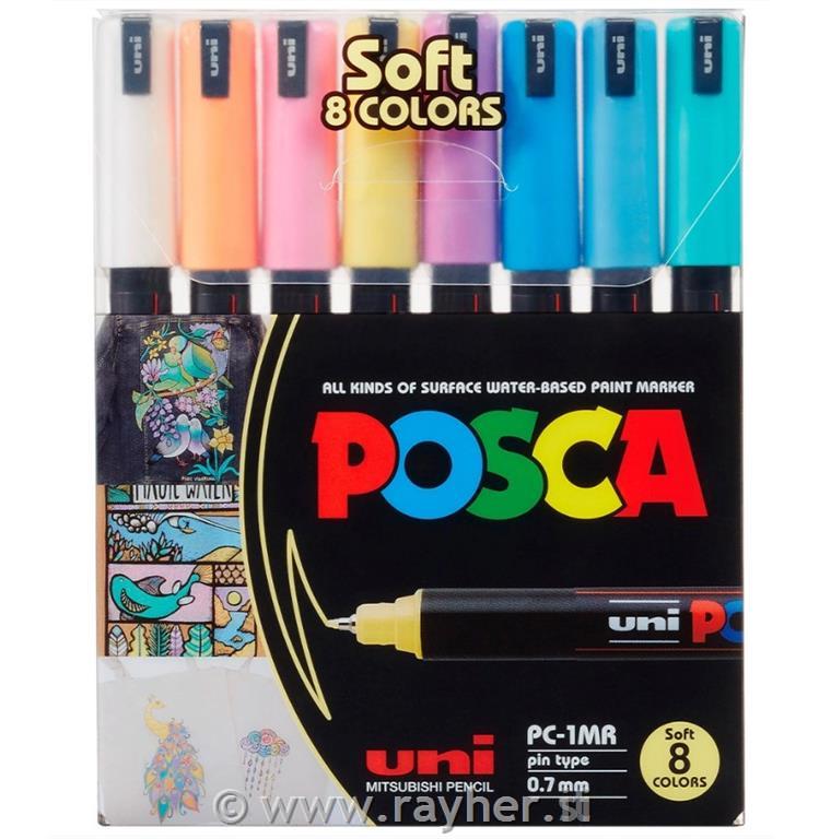 Uni POSCA markeri 1MR Soft set 8;vrh 0,7 mm metal