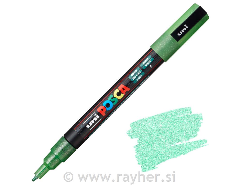 Uni POSCA marker; vrh 0,9-1,3 mm;green glitter