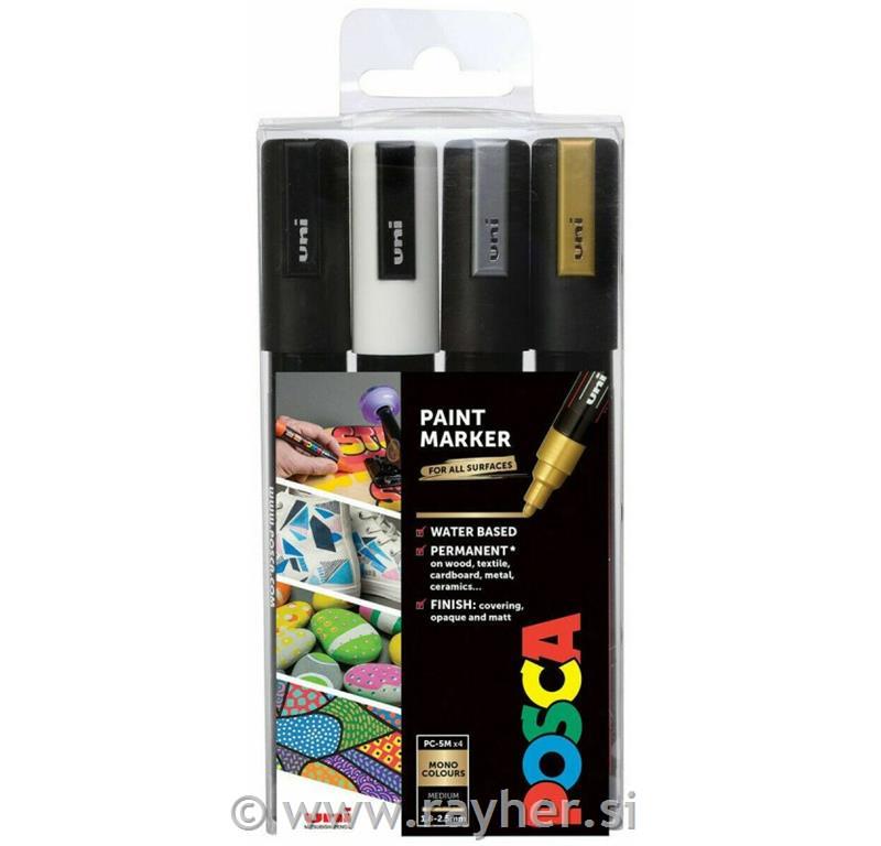 Uni POSCA marker; vrh 1,8-2,5 mm;set 4 (crn, bijeli, zlatni, srebrni)