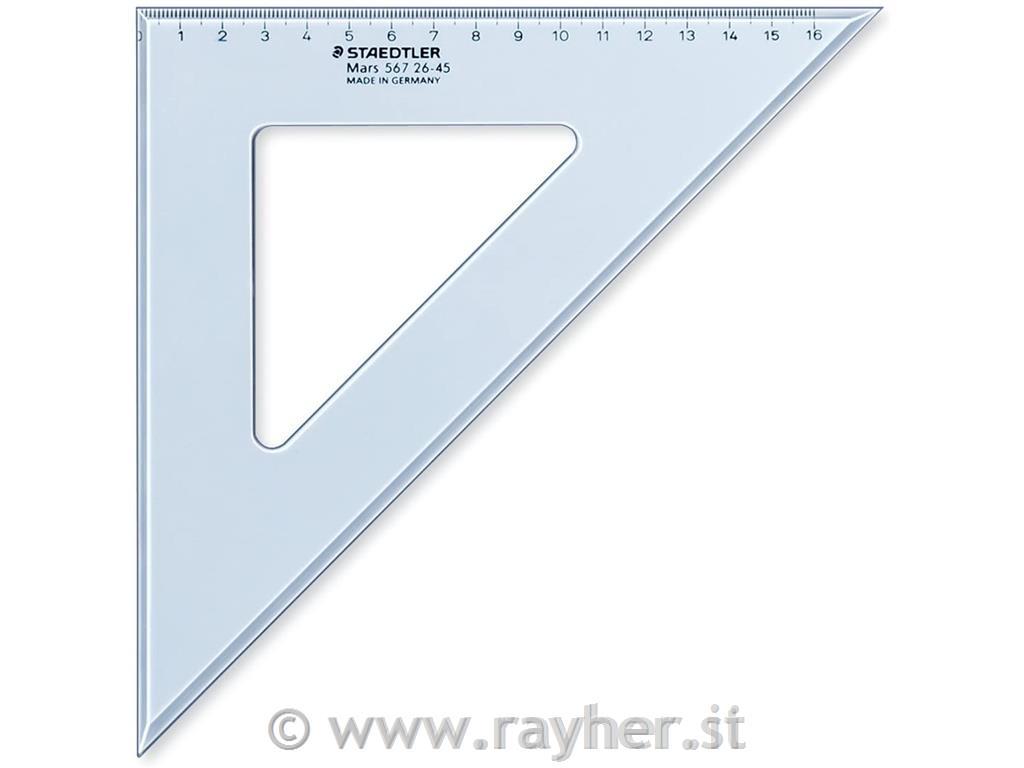 Ravnilo trikotnik, 26cm 45/45 stopinj transp. moder